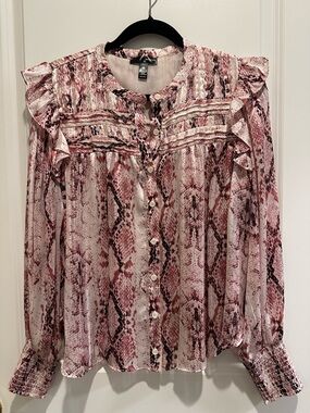 Aqua Pink Snakeskin Ruffle-Trim Blouse